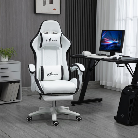 Scaun Gaming Reglabil pe Înălțime, Rabatabil și cu Suport pentru Picioare, Alb
