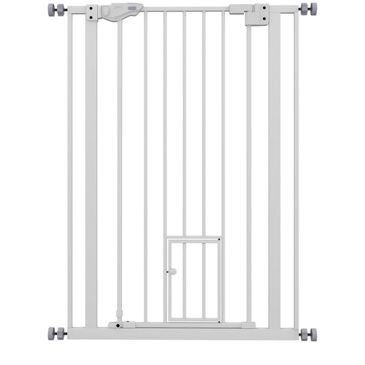 Poartă Reglabilă Înaltă pentru Câini cu Ușă Mică și Închidere Automată, 74-80x104cm, Alb