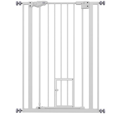 Poartă Reglabilă Înaltă pentru Câini cu Ușă Mică și Închidere Automată, 74-80x104cm, Alb