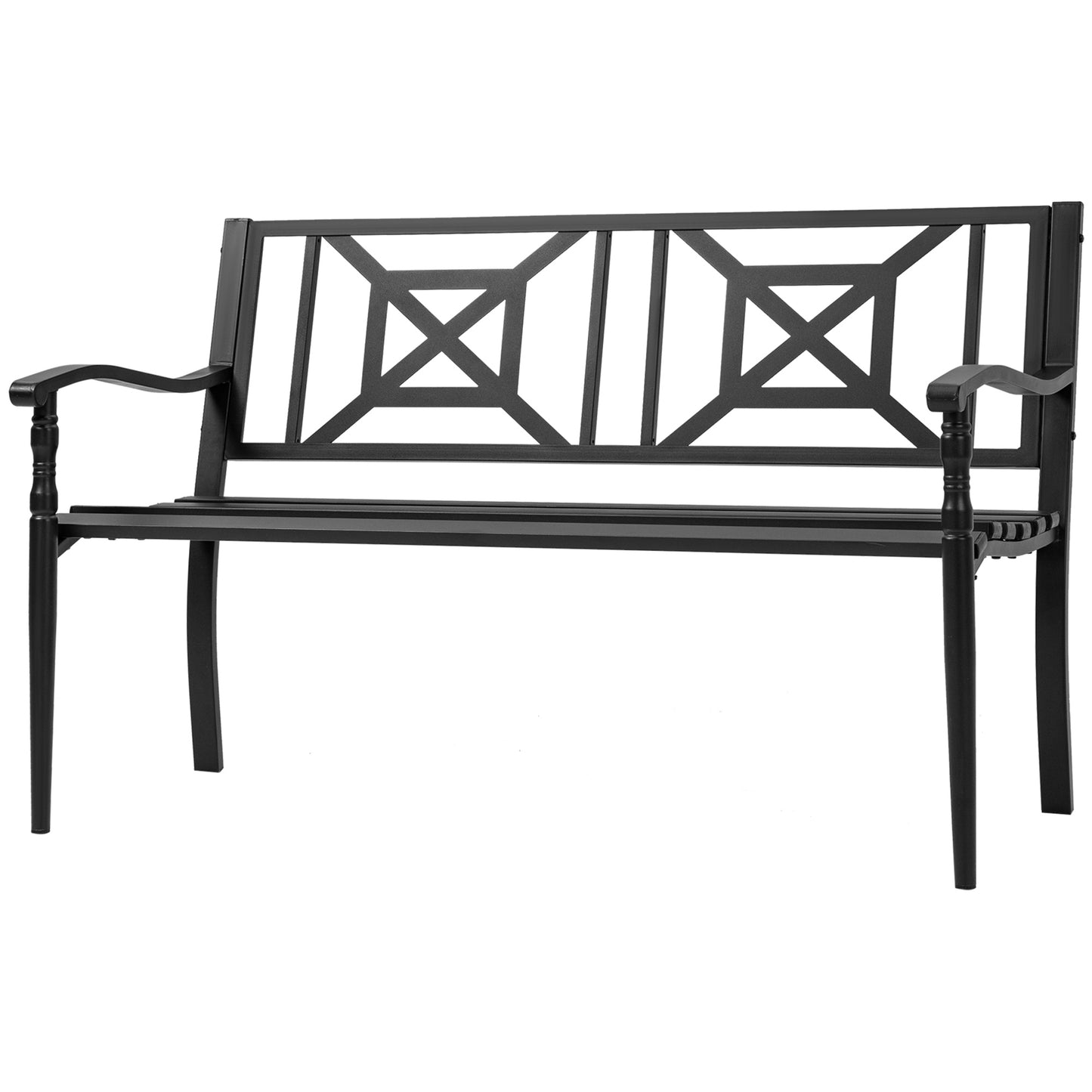 Banca pentru Exterior din Otel, Banca 2 Locuri cu Spatar Inalt si Cotiere, 128x62.5x81.5 cm, Negru