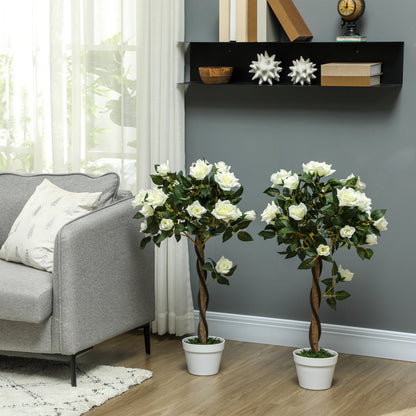 Plantă artificială de trandafir cu 21 de flori și ghiveci umplut cu ciment și mușchi, Ø18x90 cm, albă