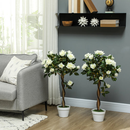 Plantă artificială de trandafir cu 21 de flori și ghiveci umplut cu ciment și mușchi, Ø18x90 cm, albă