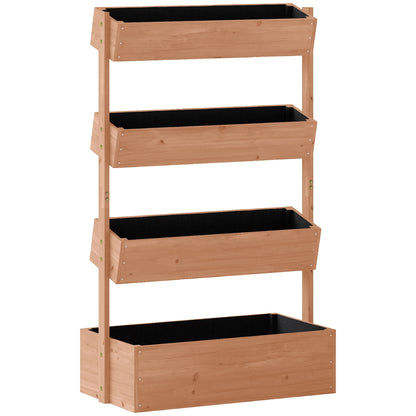 Jardinieră Verticală înălțată pe 4 Niveluri, din Lemn pentru Exterior, cu Orificii de Drenaj și Căptușeală Textilă, pentru Plante Aromatice, Flori și Legume, 85x45x140 cm, Maro