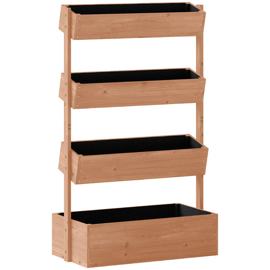 Jardinieră Verticală înălțată pe 4 Niveluri, din Lemn pentru Exterior, cu Orificii de Drenaj și Căptușeală Textilă, pentru Plante Aromatice, Flori și Legume, 85x45x140 cm, Maro