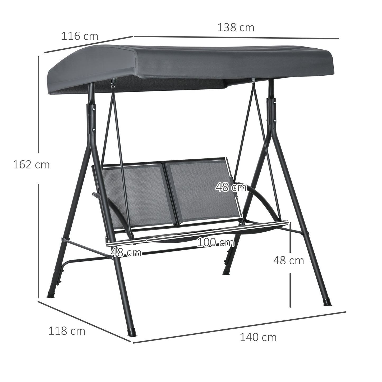 Balansoar cu 2 Locuri de Gradina pentru Exterior cu Baldachin Reglabil si Sezuta din Textilen, 140x118x162cm Gri
