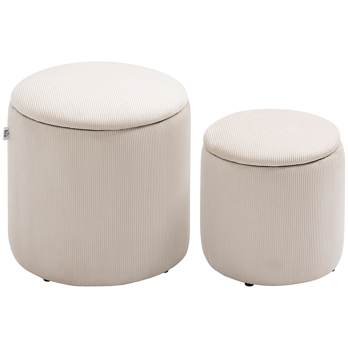 Set de 2 Taburete Rotunde cu Spațiu de Depozitare, Tapițate cu Catifea Fină, Alb
