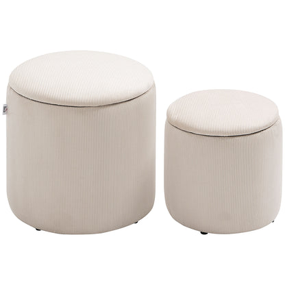 Set de 2 Taburete Rotunde cu Spațiu de Depozitare, Tapițate cu Catifea Fină, Alb
