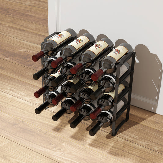Suport pentru Sticle cu 4 Nivele Ondulate Stivabile pentru 16 Sticle, din Metal, 42,5x16,5x41 cm, Negru