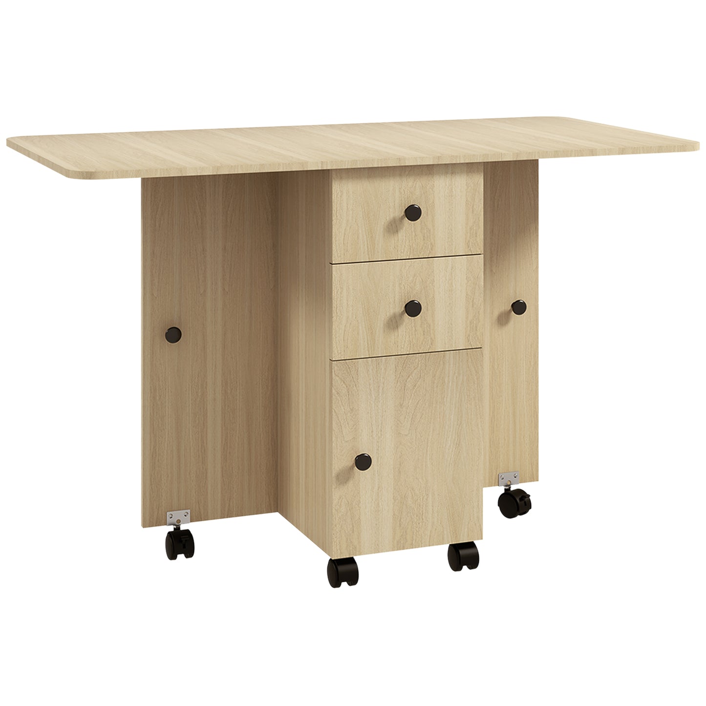 Masă de Bucătărie Pliabilă, Masă Rabatabilă cu Roți și Frâne pentru 6 Persoane, Birou Pliabil cu 2 Sertare și Dulap, pentru Living, 120x60x76.5 cm, Lemn Natural