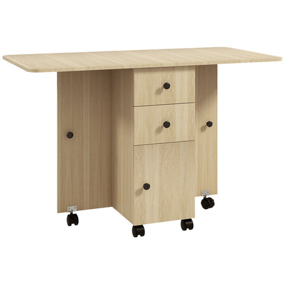 Masă de Bucătărie Pliabilă, Masă Rabatabilă cu Roți și Frâne pentru 6 Persoane, Birou Pliabil cu 2 Sertare și Dulap, pentru Living, 120x60x76.5 cm, Lemn Natural