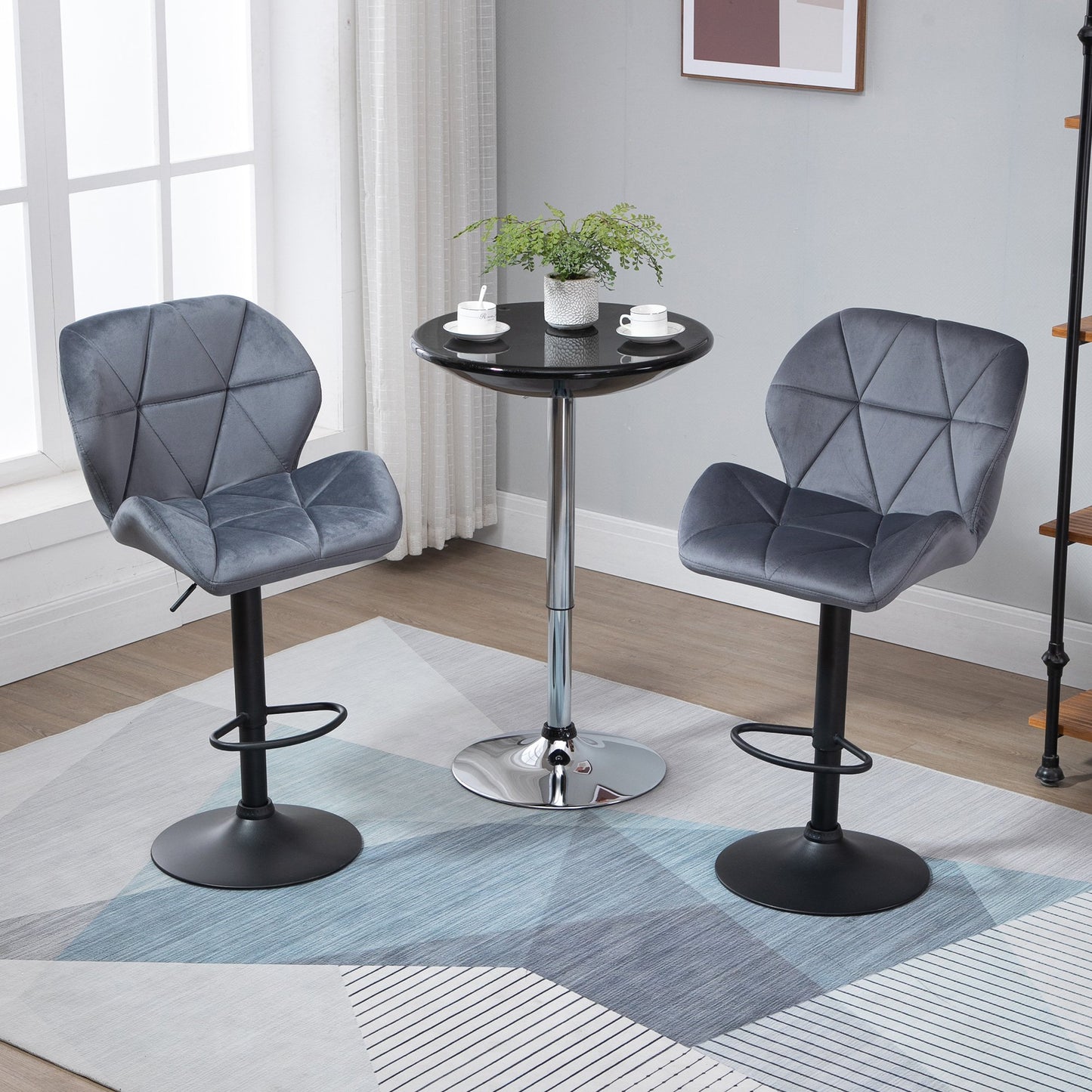 Set de 2 Scaune de Bar cu Înălțime Reglabilă, Bază Metalică și Șezut din Catifea, 51.5x57.5x93-114.5 cm, Gri