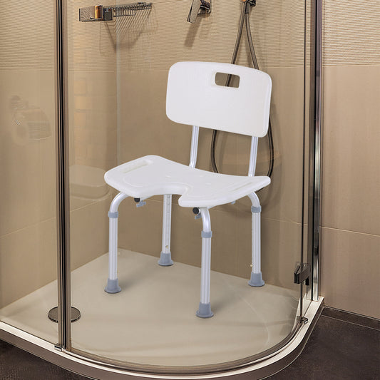 Scaun de Duș Reglabil pe 8 Nivele cu Orificii de Drenaj și Șezut în Formă de U, 48x42x71-83,5 cm, Alb