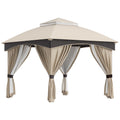 Foișor de Grădină 3x3m, Pavilion Exterior cu Acoperiș Dublu, Include Plasă de Tânțari și Draperii Laterale, Cadru Metalic Robust, Bej/Maro