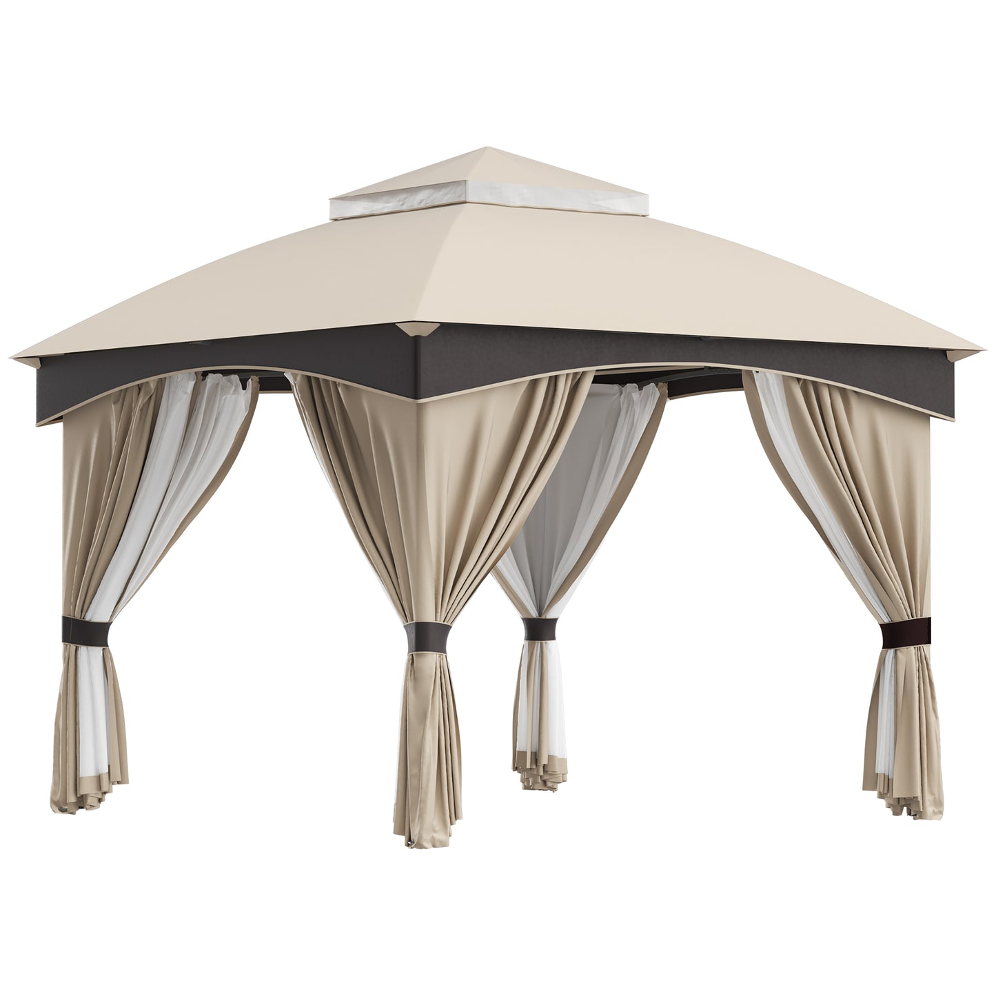 Foișor de Grădină 3x3m, Pavilion Exterior cu Acoperiș Dublu, Include Plasă de Tânțari și Draperii Laterale, Cadru Metalic Robust, Bej/Maro
