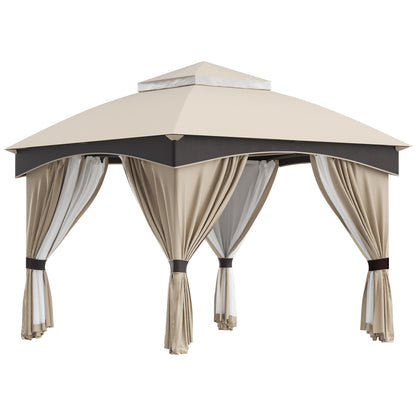 Foișor de Grădină 3x3m, Pavilion Exterior cu Acoperiș Dublu, Include Plasă de Tânțari și Draperii Laterale, Cadru Metalic Robust, Bej/Maro