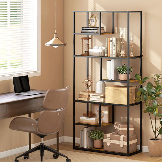 Bibliotecă Mobilă cu 7 Nivele din Lemn și Oțel în Stil Industrial, 83x34x180 cm, Maro