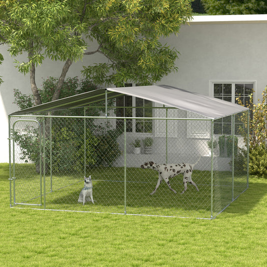 Țarc pentru Câini din Metal cu Acoperiș din Material Oxford și Ușă cu Închidere, 4x4x2,3m