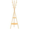 Cuier freestanding cu 9 cârlige și 2 polițe pentru intrare, lemn natural