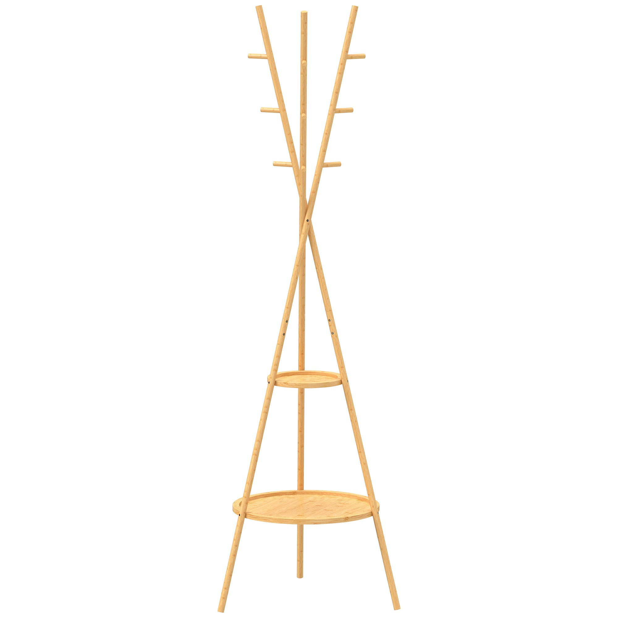 Cuier freestanding cu 9 cârlige și 2 polițe pentru intrare, lemn natural