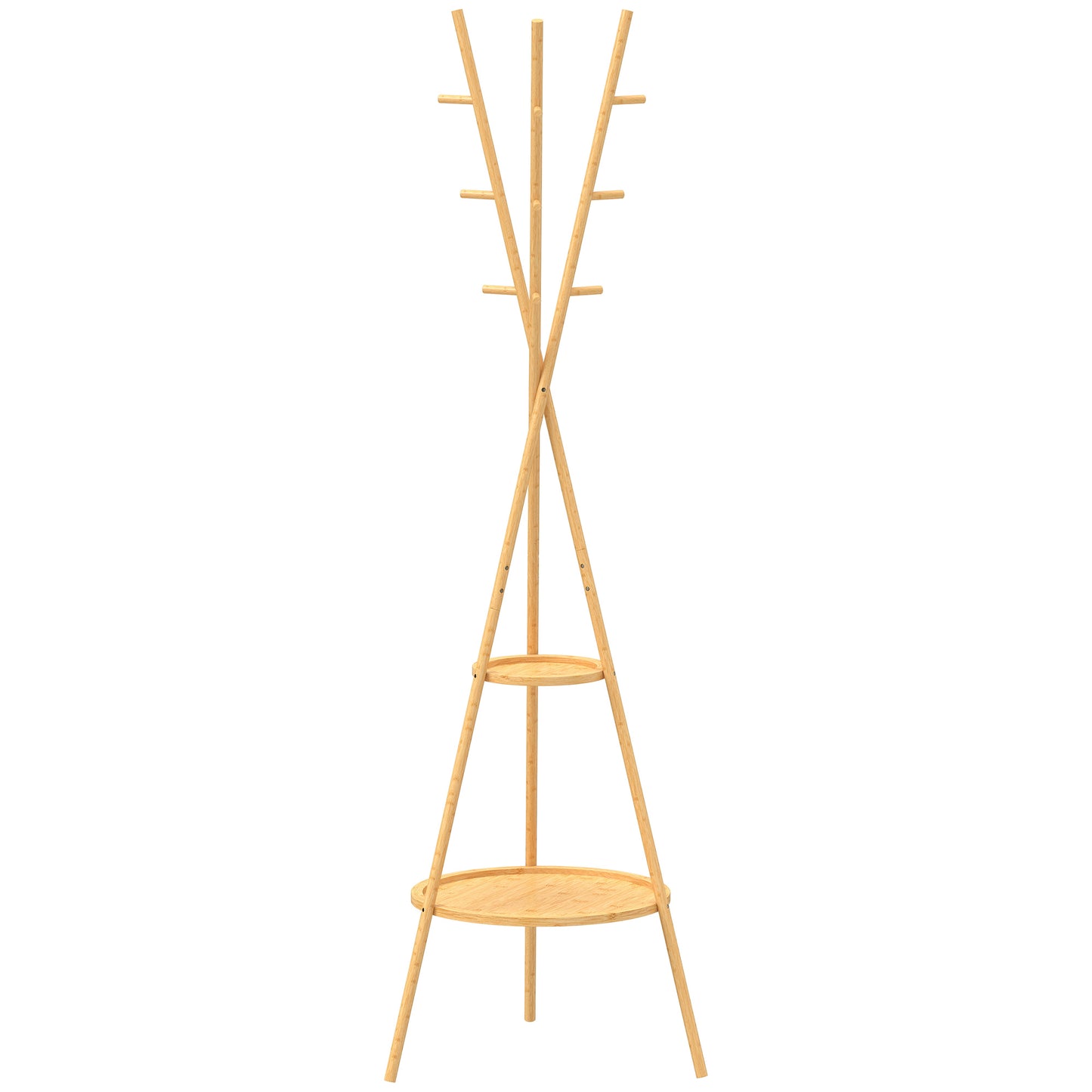 Cuier freestanding cu 9 cârlige și 2 polițe pentru intrare, lemn natural