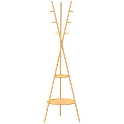 Cuier freestanding cu 9 cârlige și 2 polițe pentru intrare, lemn natural