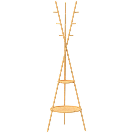 Cuier freestanding cu 9 cârlige și 2 polițe pentru intrare, lemn natural