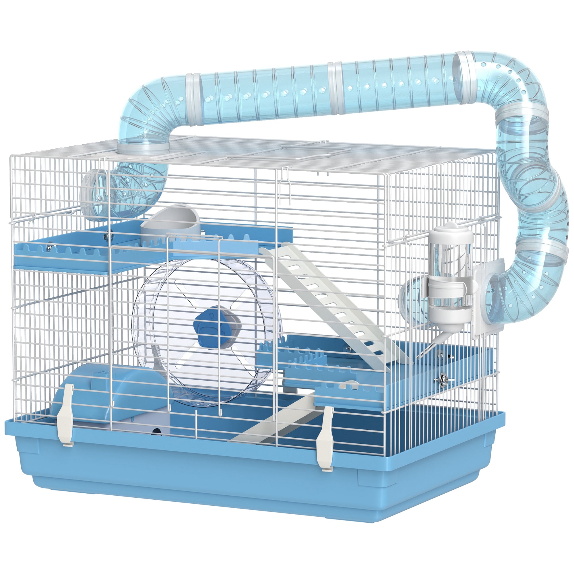 Cușcă pentru Hamsteri cu 3 Niveluri, Căsuță, Roată, Sticlă și Tuburi, 47.5x31.5x29.5 cm, Albastru