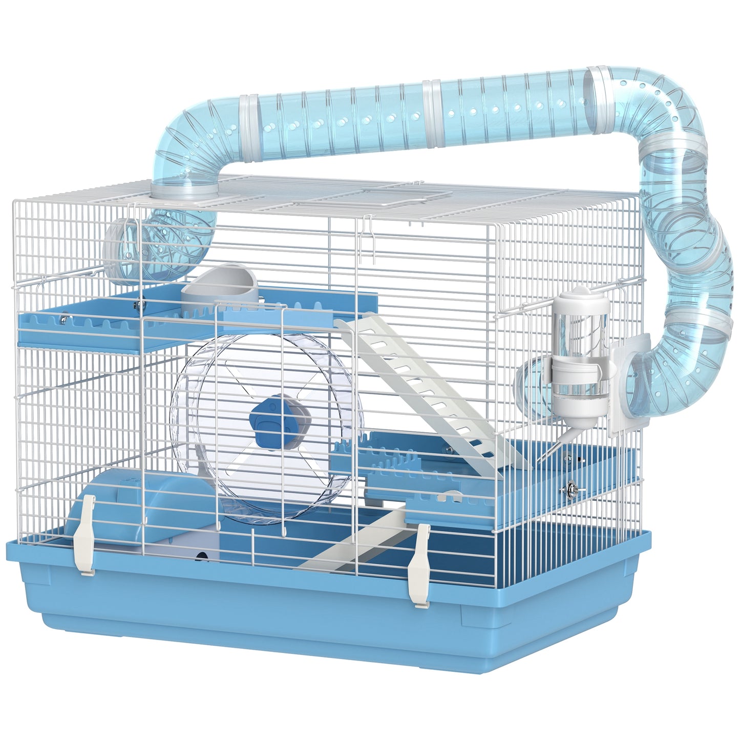 Cușcă pentru Hamsteri cu 3 Niveluri, Căsuță, Roată, Sticlă și Tuburi, 47.5x31.5x29.5 cm, Albastru