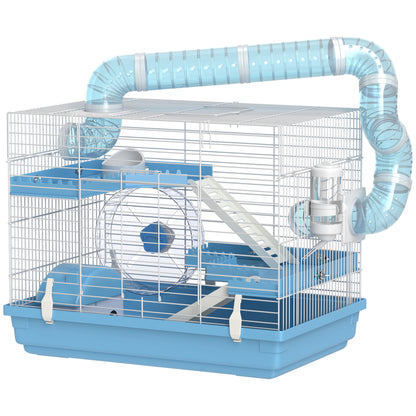 Cușcă pentru Hamsteri cu 3 Niveluri, Căsuță, Roată, Sticlă și Tuburi, 47.5x31.5x29.5 cm, Albastru
