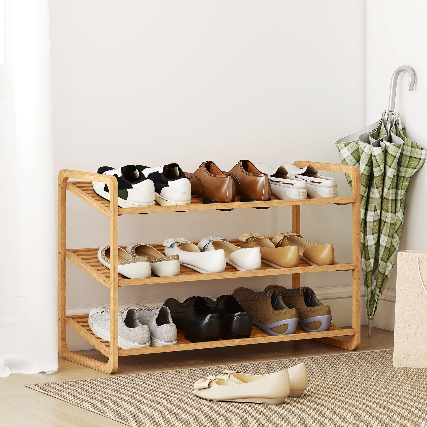 Etajeră pentru pantofi din bambus, cu 3 niveluri, pentru 12 perechi de pantofi, rafturi din bambus cu lamele, 76x33x50,8 cm, culoare lemn natural