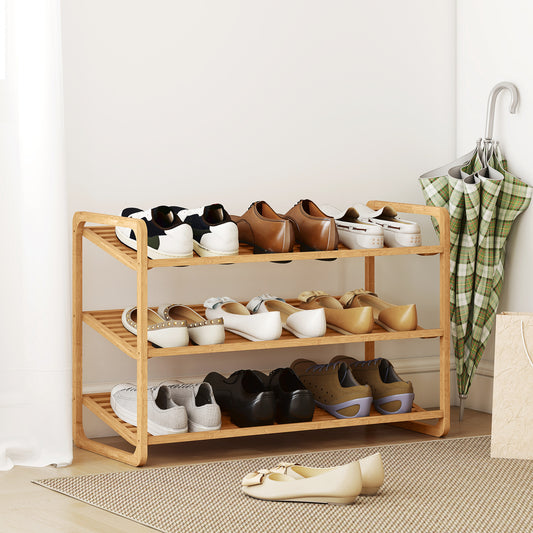 Etajeră pentru pantofi din bambus, cu 3 niveluri, pentru 12 perechi de pantofi, rafturi din bambus cu lamele, 76x33x50,8 cm, culoare lemn natural