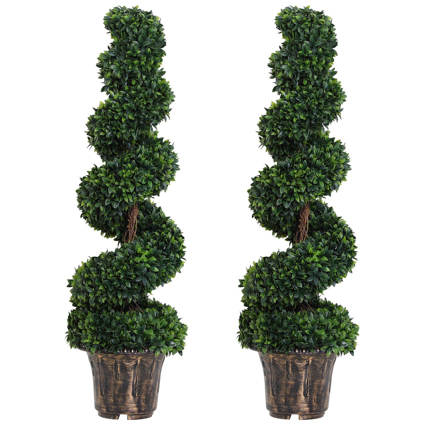 Set 2 Plante Artificiale de Buxus în Formă de Spirală pentru Interior și Exterior cu Ghiveci, Ø32x120 cm, Verde