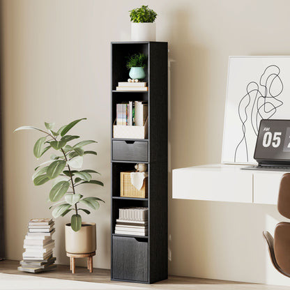 Bibliotecă cu 4 Rafturi Deschise, Dulap și Sertar, 30x24x158 cm, Negru