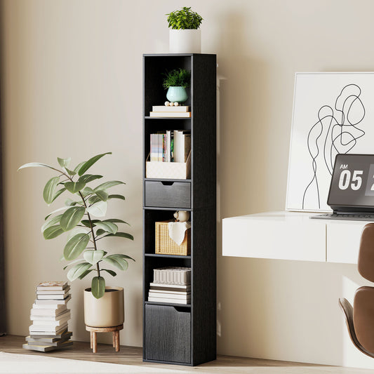 Bibliotecă cu 4 Rafturi Deschise, Dulap și Sertar, 30x24x158 cm, Negru