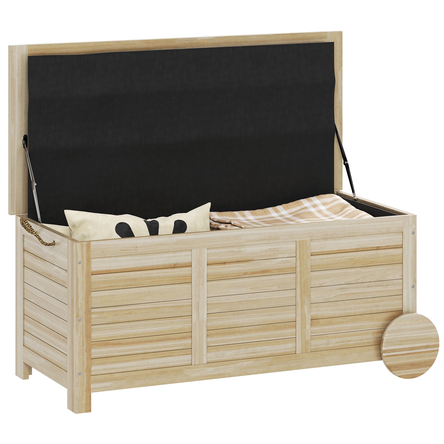 Ladă de Exterior 185L cu 2 Roți, Cu Husă Interioară și Capac, din Lemn de Brad, 110x50x50 cm, Culoare Lemn