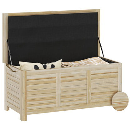Ladă de Exterior 185L cu 2 Roți, Cu Husă Interioară și Capac, din Lemn de Brad, 110x50x50 cm, Culoare Lemn