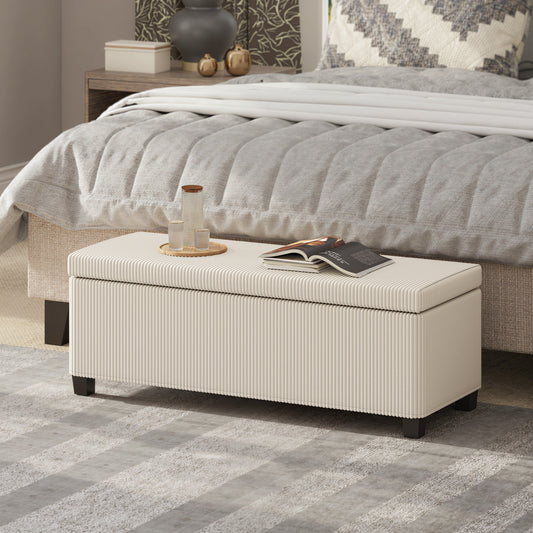 Bancă pentru Capătul Patului cu Spațiu de Depozitare de 84L, din Țesătură cu Aspect de Catifea și Oțel, 112x42x40 cm, Bej