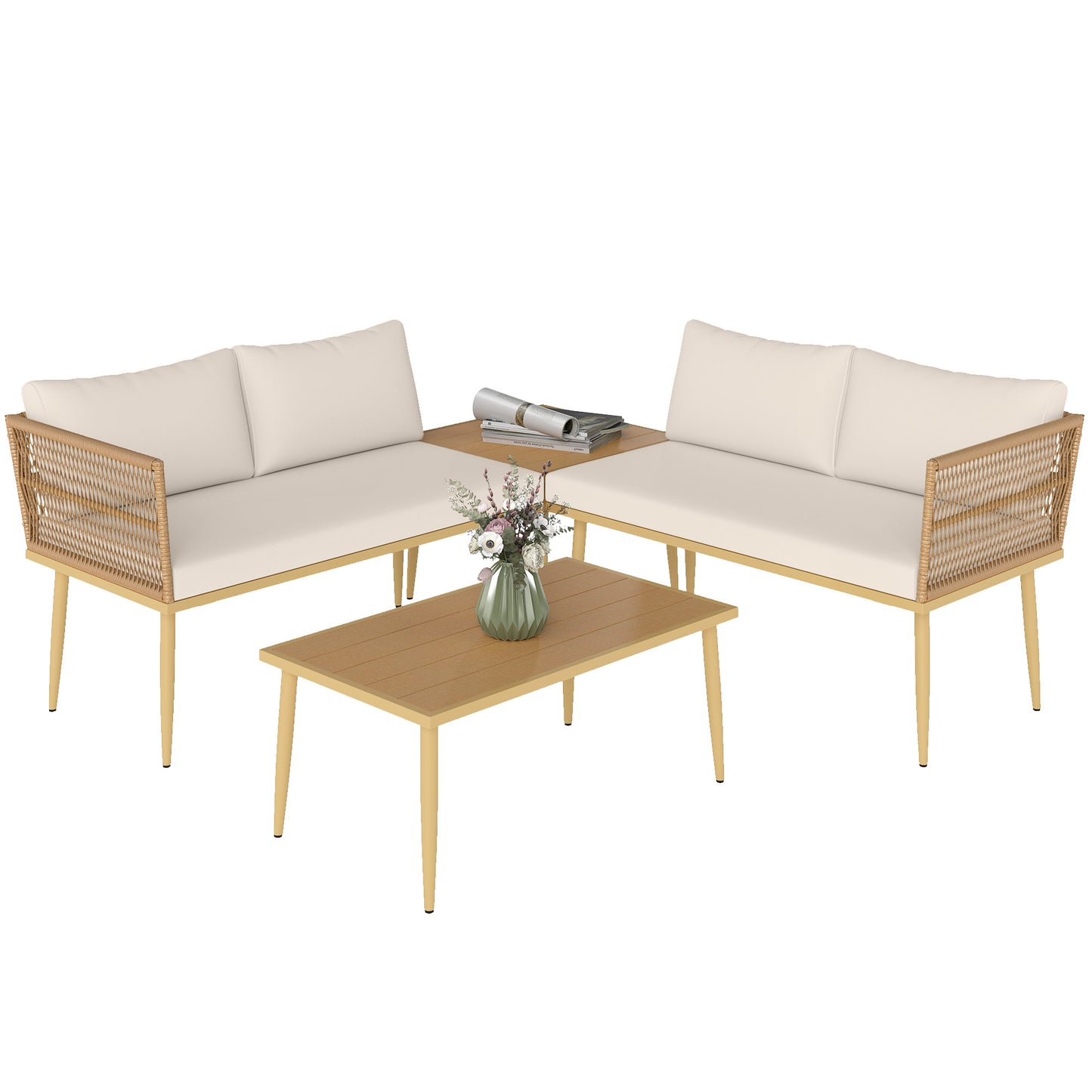 Set Mobilier de Exterior din Ratan PE cu 2 Canapele de 2 Locuri cu Perne și 2 Mese de Cafea, Culoare Lemn
