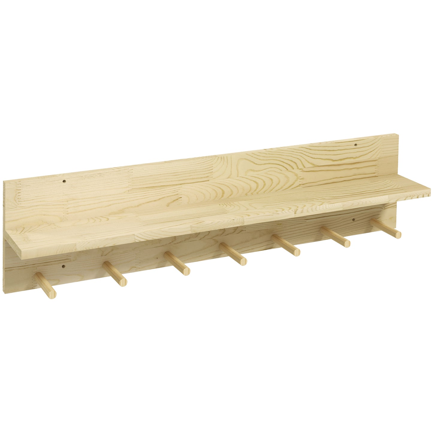 Raft Suspendat din Lemn de Brad, Raft de Perete cu 7 Carlige, Ton Natural