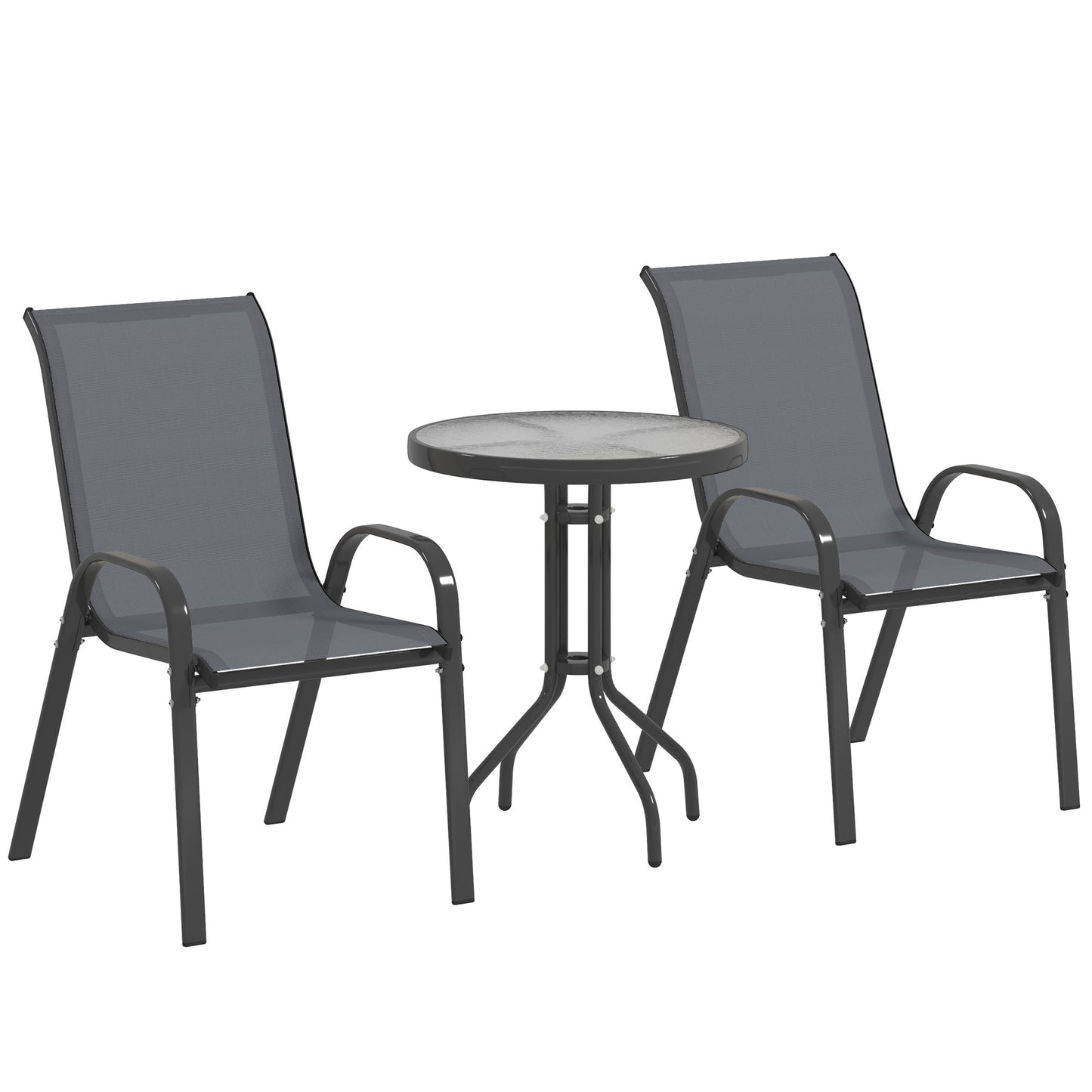 Set Mobilier de Grădină din 3 Piese cu Scaune Suprapozabile și Masă din Sticlă, 54x71x93 cm, Gri Închis
