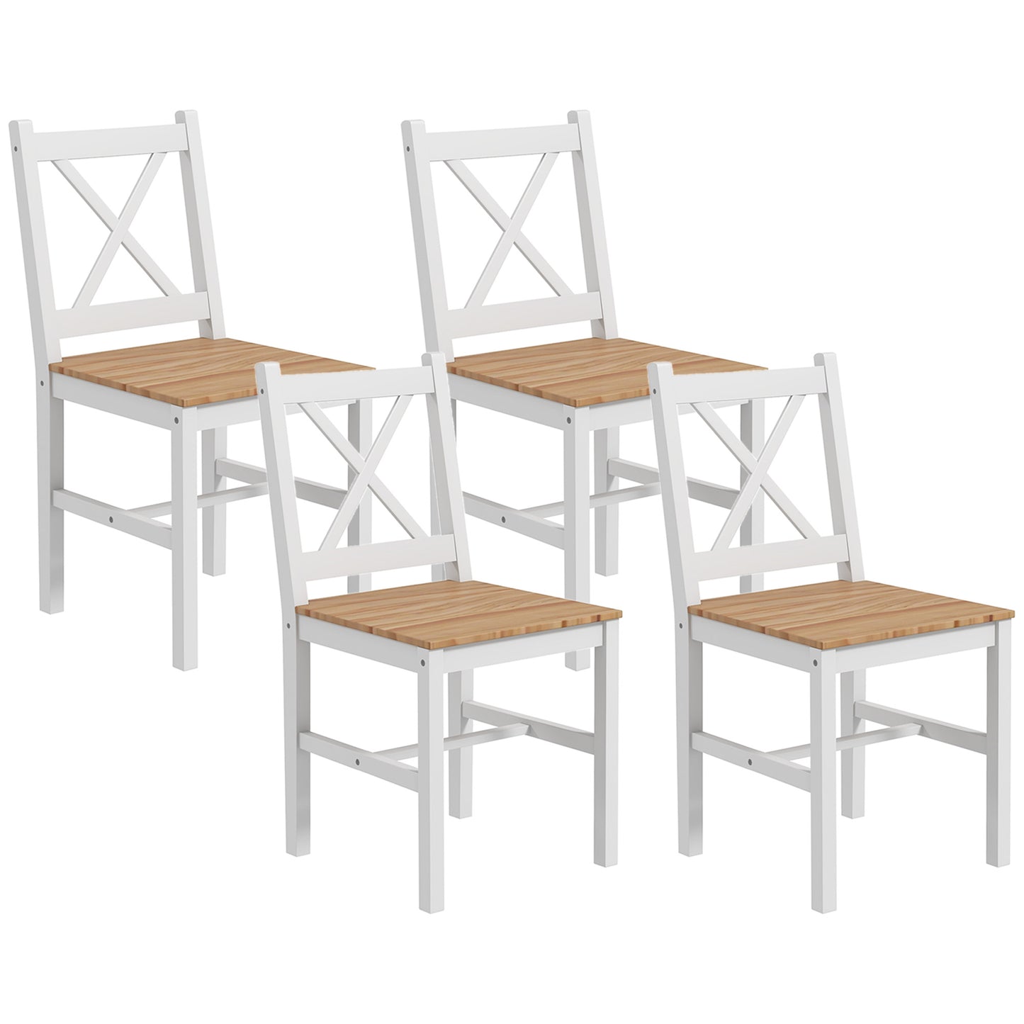 Set 4 Scaune pentru Bucătărie și Living cu Spătar în Formă de Cruce, din Lemn de Pin, 41x46,5x86 cm
