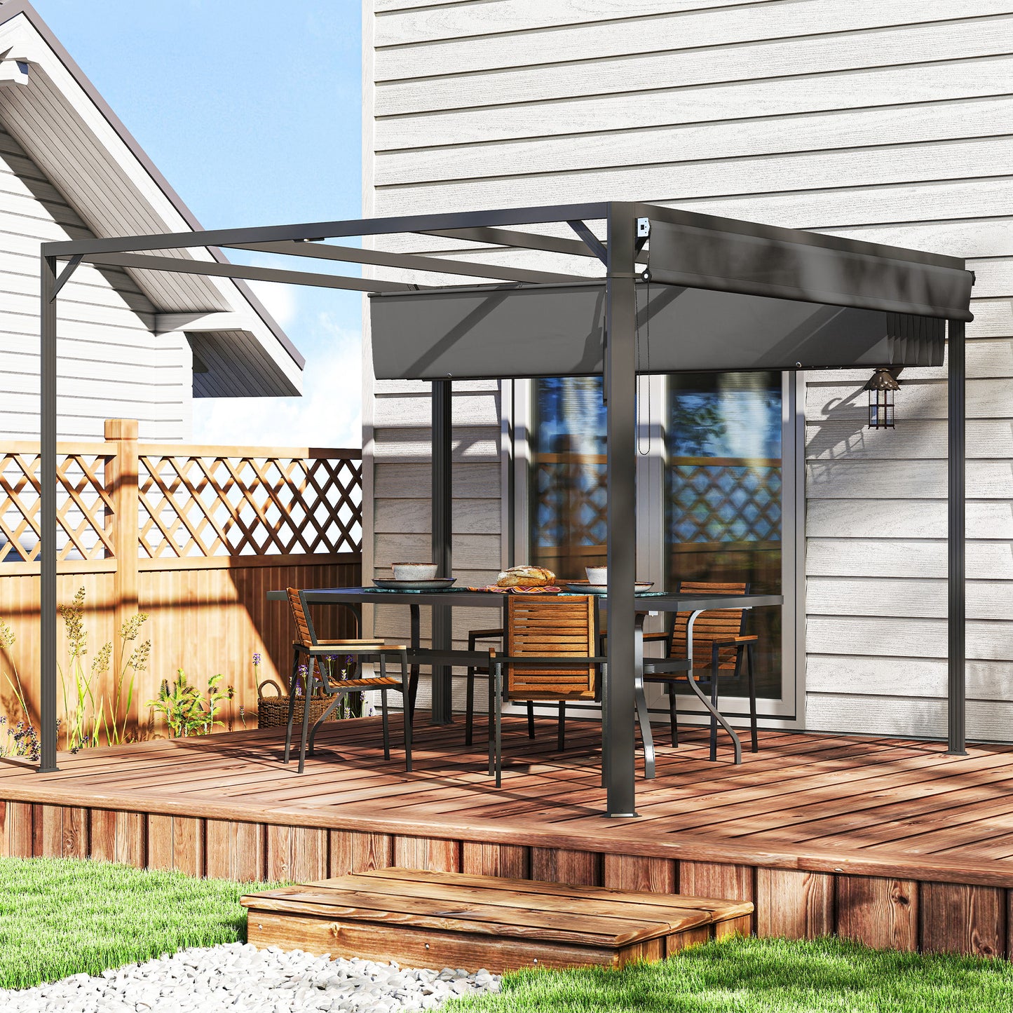 Gazebo Pergolă cu Copertină Rulabilă de Protecție și Orificii de Drenaj, 300x300x227 cm, Gri Închis