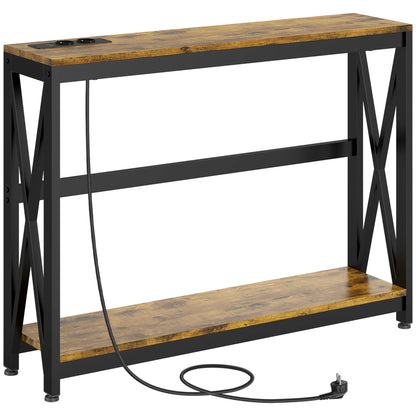 Consolă de Intrare Stil Industrial cu Prize Electrice și USB, Lemn și Oțel, 100x24x75cm, Maro