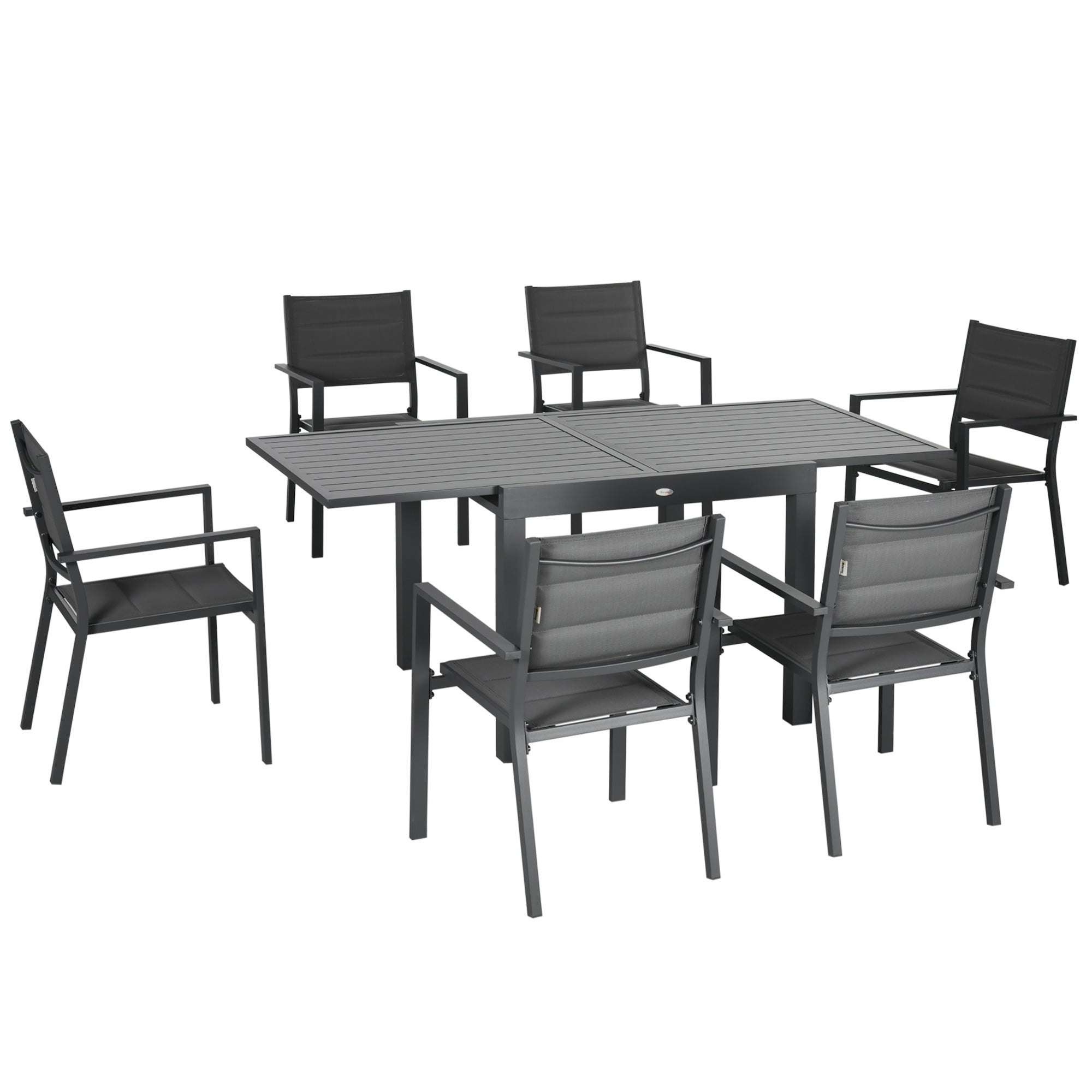 Set Mobilier Grădină din Aluminiu, 7 Piese, Masă Extensibilă și 6 Scaune Ergonomice, Material Tip Plasă Rezistent la Intemperii, Gri