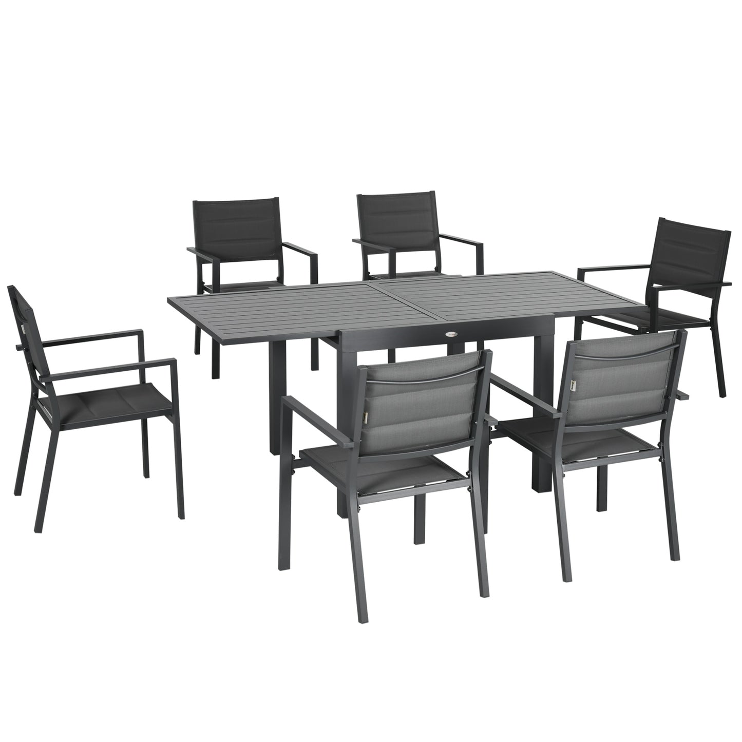 Set Mobilier Grădină din Aluminiu, 7 Piese, Masă Extensibilă și 6 Scaune Ergonomice, Material Tip Plasă Rezistent la Intemperii, Gri
