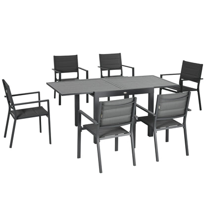 Set Mobilier Grădină din Aluminiu, 7 Piese, Masă Extensibilă și 6 Scaune Ergonomice, Material Tip Plasă Rezistent la Intemperii, Gri