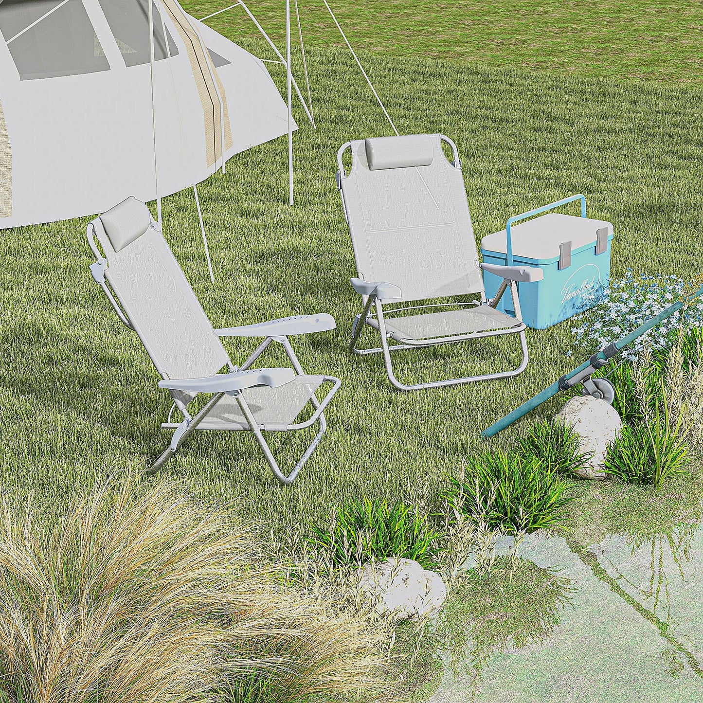 Set 2 Scaune de Camping Pliabile cu Tetieră Căptușită și Spătar Reglabil în 6 Poziții, 62x65x80 cm, Gri Deschis