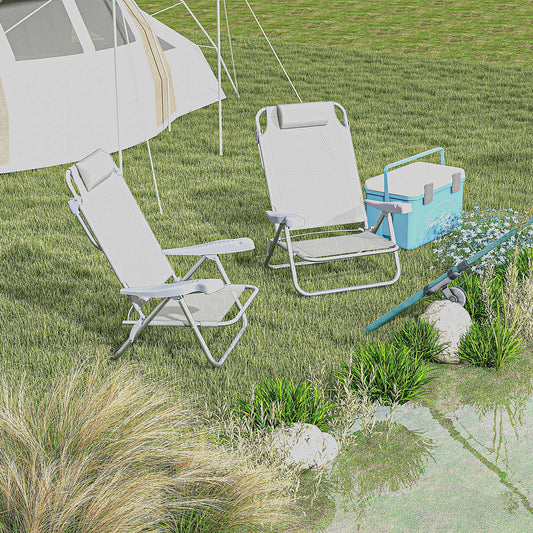 Set 2 Scaune de Camping Pliabile cu Tetieră Căptușită și Spătar Reglabil în 6 Poziții, 62x65x80 cm, Gri Deschis