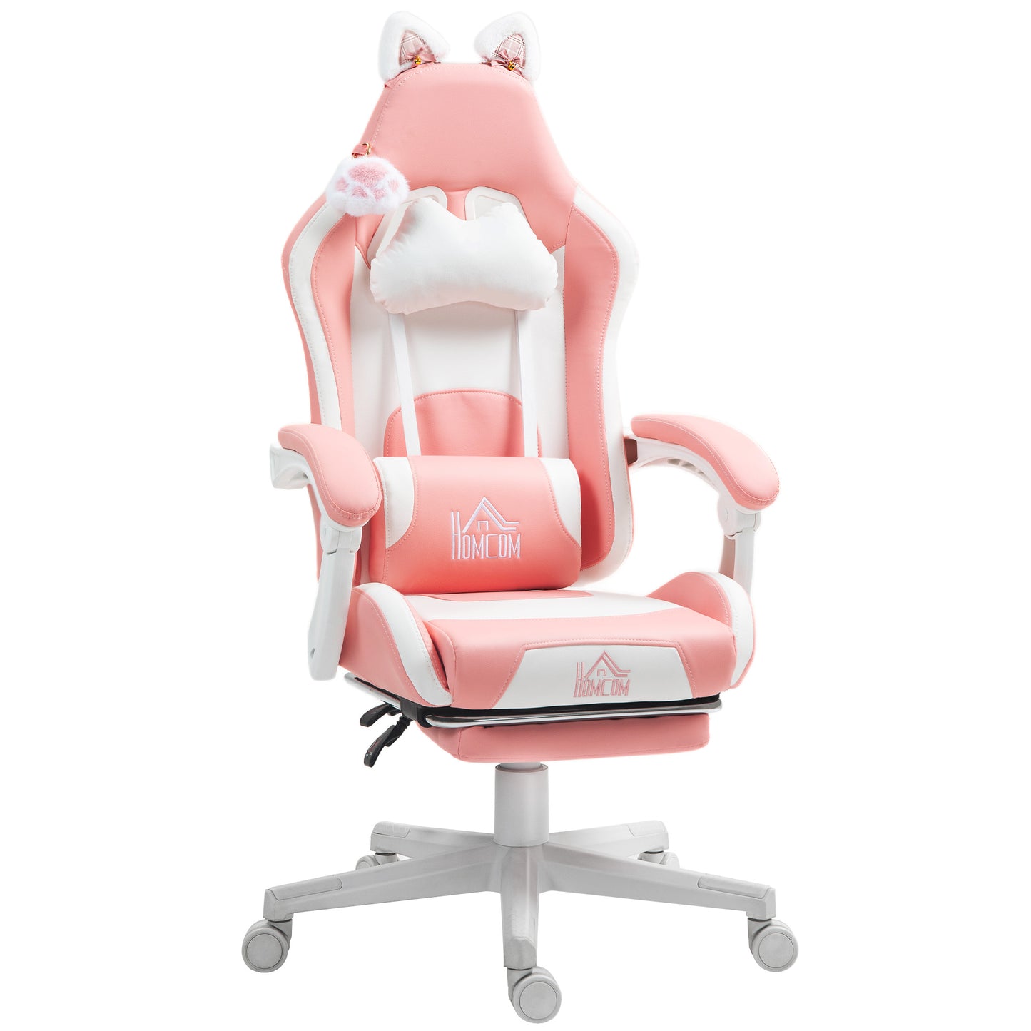 Scaun de Gaming Ergonomic cu Urechi de Pisică, Suport pentru Picioare, Suport Lombar și pentru Gât, Roz