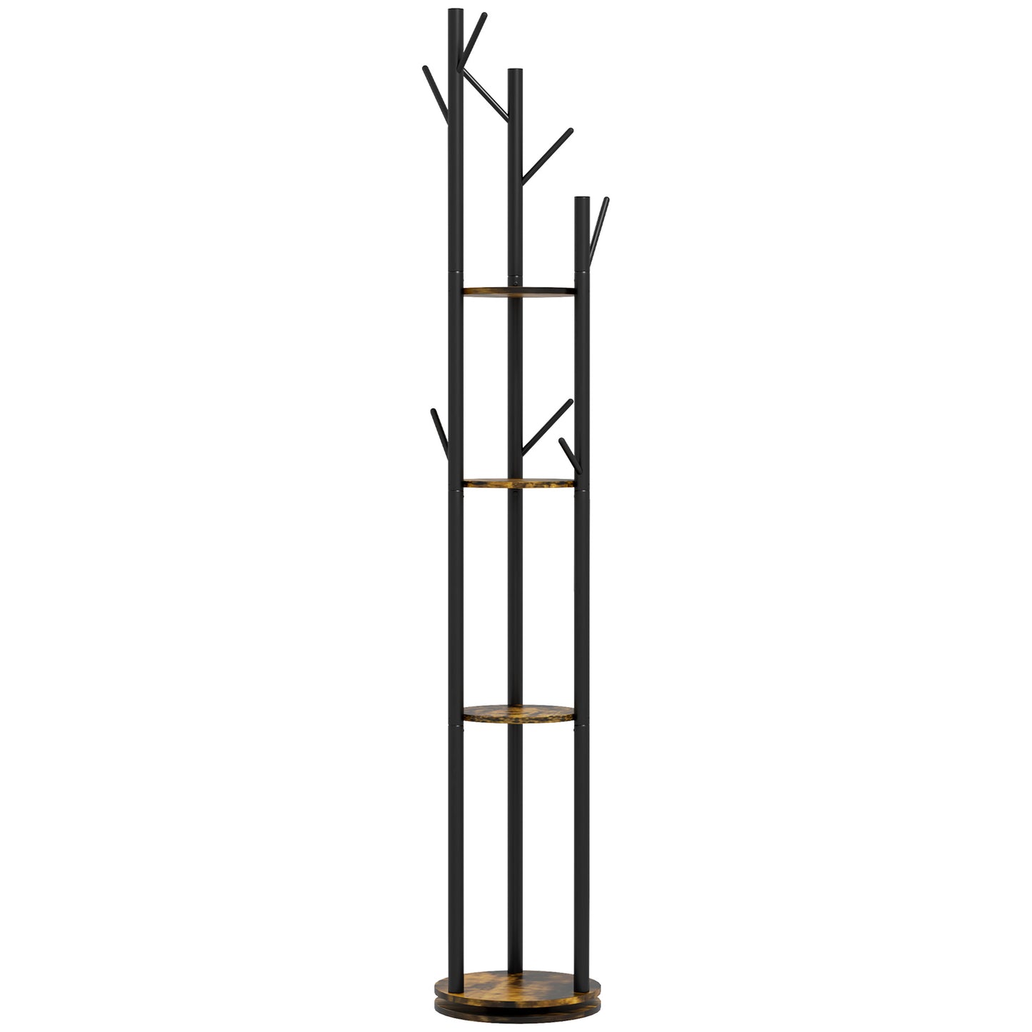 Cuier rotativ de podea cu 8 cârlige și 4 rafturi, stil industrial, Ø30x175cm, maro